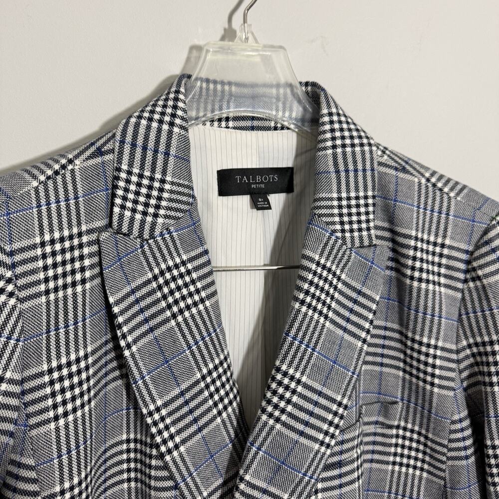 Talbots 8 Petite Double Breasted Plaid Blazer Gray Blue Black Preppy Career - Picture 2 of 5